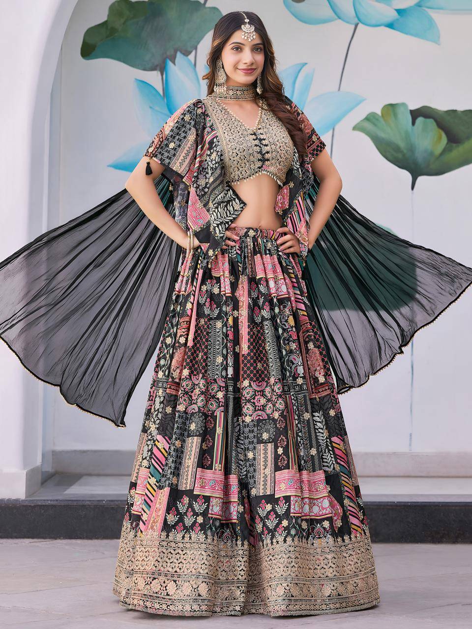 Queen Multicolor Chinnon Silk black Lehenga choli wholesale market